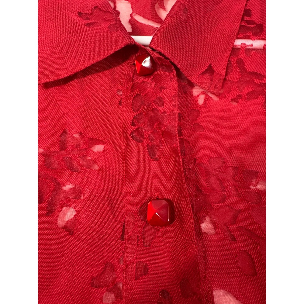 Tanjay Red Burnout Floral Button Front Blouse 3/4 Sleeve Size 14 WC0064 - Picture 3 of 5